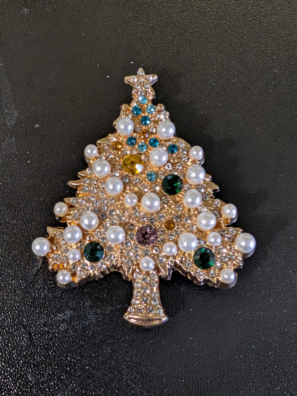 Gold Tone Pearl & Crystal Christmas Tree Brooch - Women Accessories